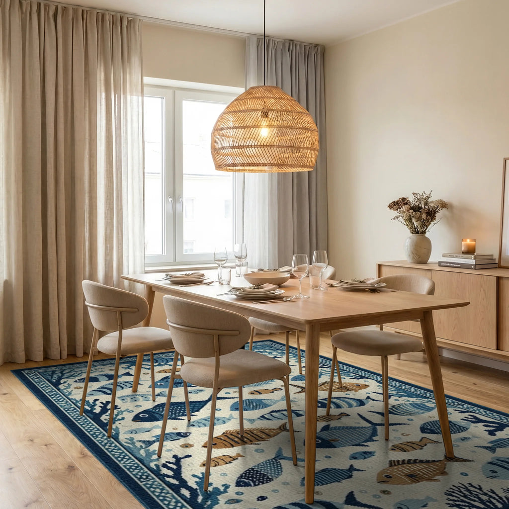 Blue White Fish Coral Oceanic Scene Rug - Dining Room View