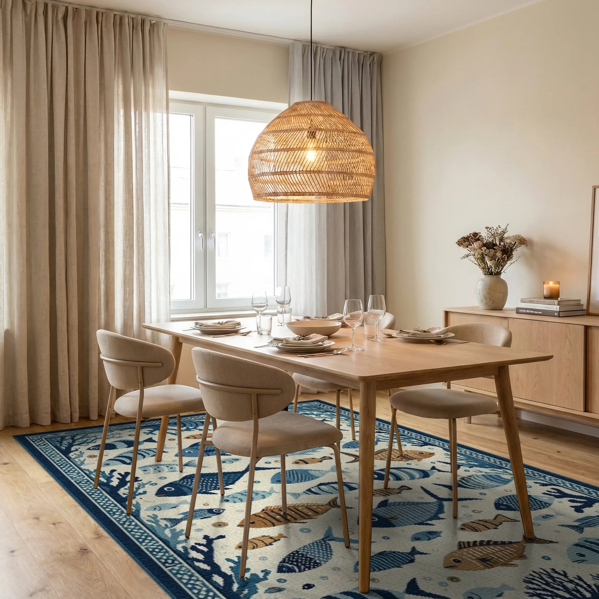 Blue White Fish Coral Oceanic Scene Rug - Dining Room View