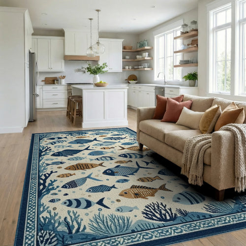 Blue White Fish Coral Oceanic Scene Rug - Living Room View