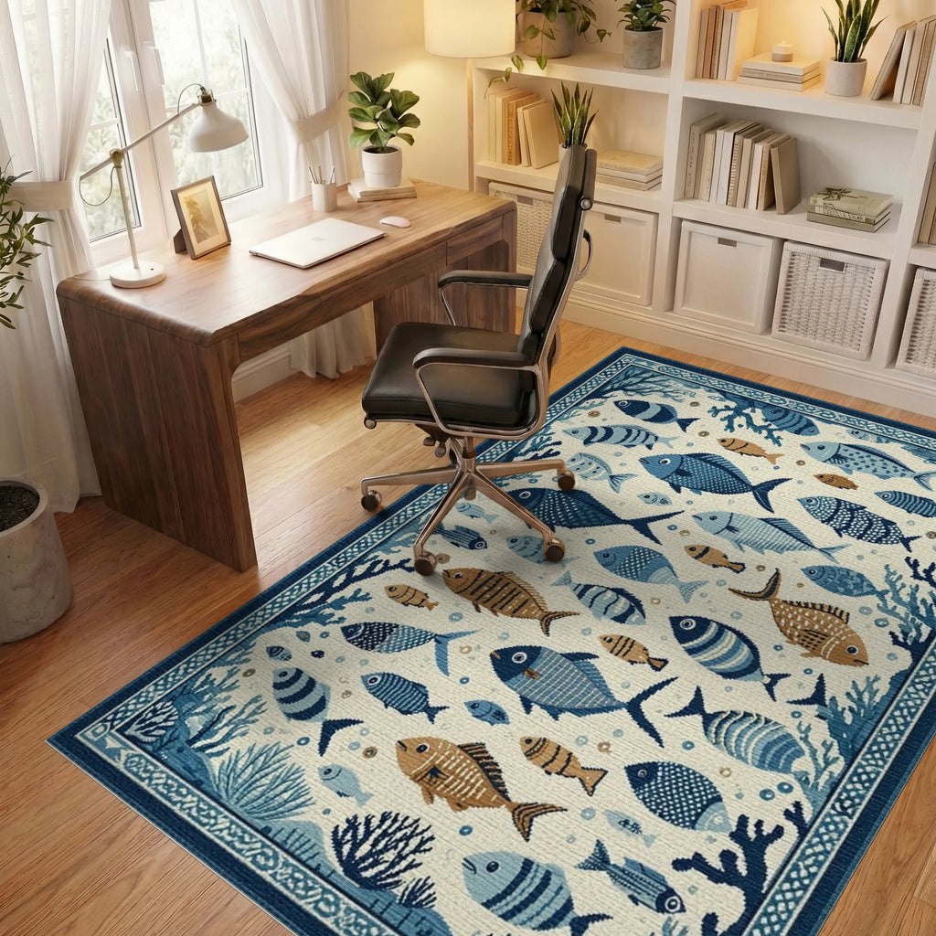 Blue White Fish Coral Oceanic Scene Rug - Office View