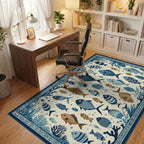 Blue White Fish Coral Oceanic Scene Rug - Office View