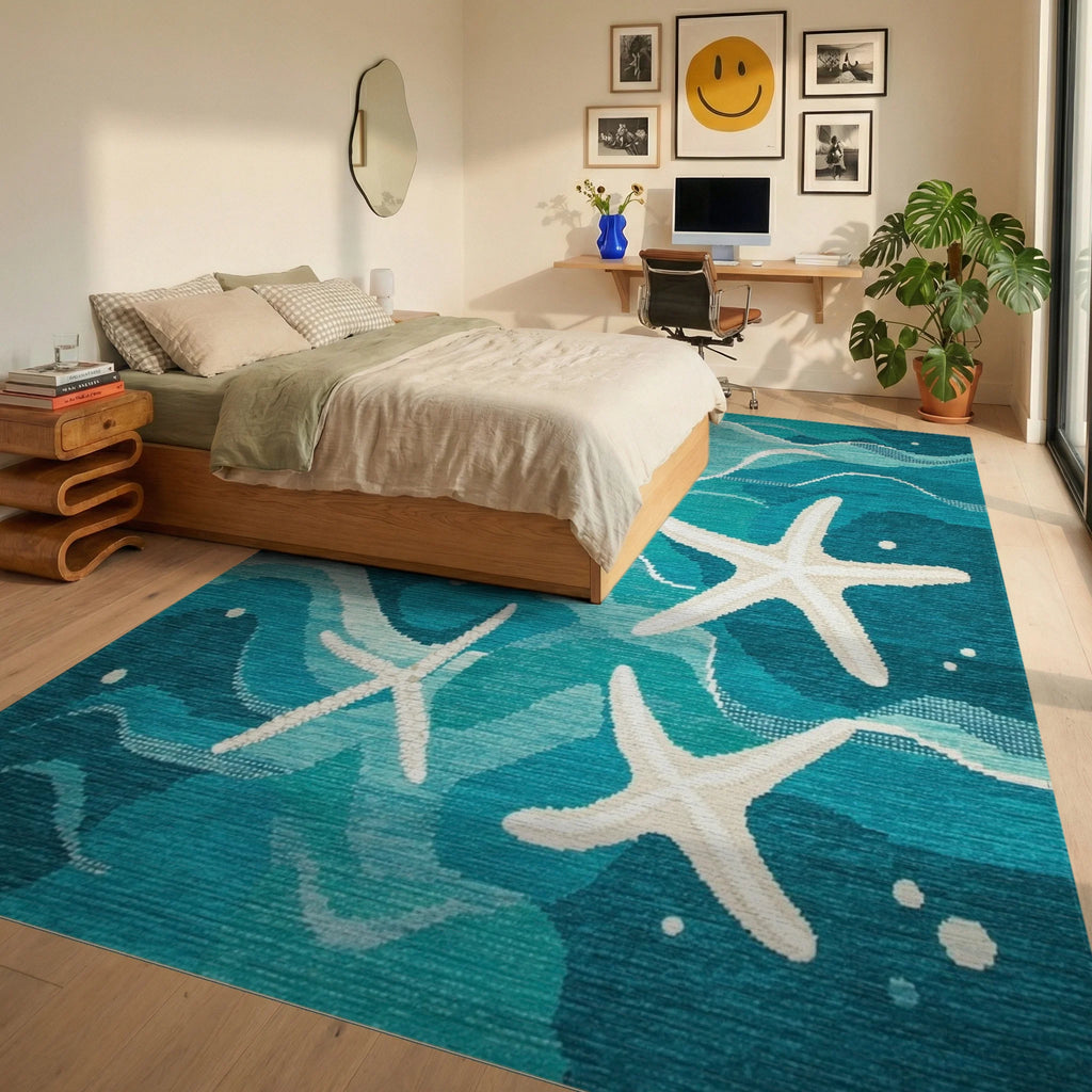 Blue White Starfish Ocean Wave Rug - Bedroom View