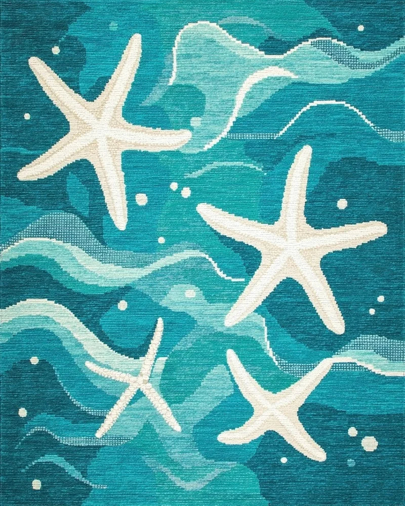 Blue White Starfish Ocean Wave Rug - Cutout View
