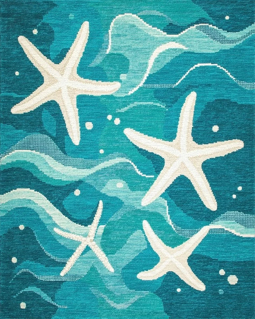 Blue White Starfish Ocean Wave Rug - Cutout View