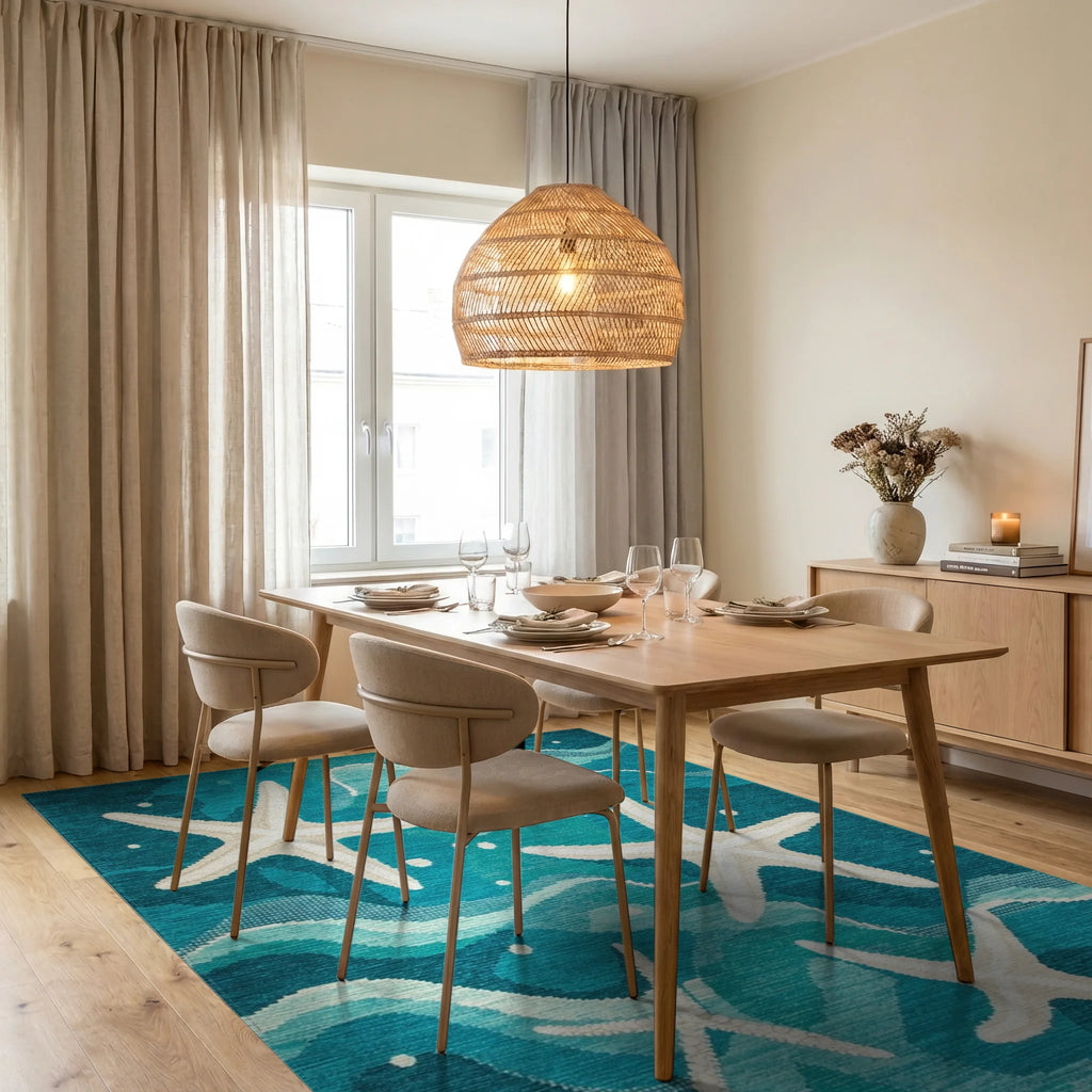 Blue White Starfish Ocean Wave Rug - Dining Room View
