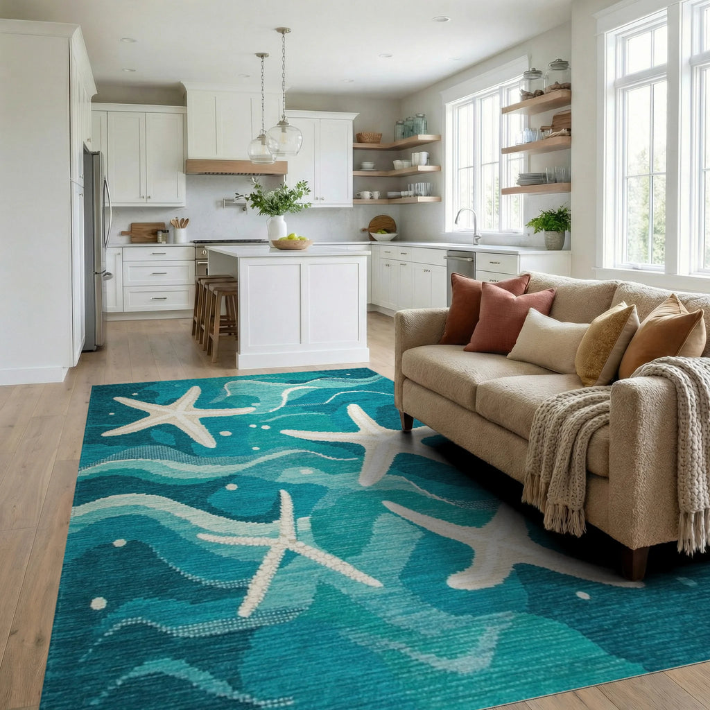 Blue White Starfish Ocean Wave Rug - Living Room View