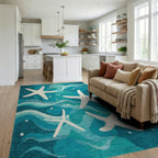 Blue White Starfish Ocean Wave Rug - Living Room View