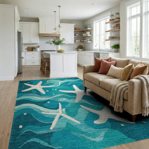 Blue White Starfish Ocean Wave Rug - Living Room View