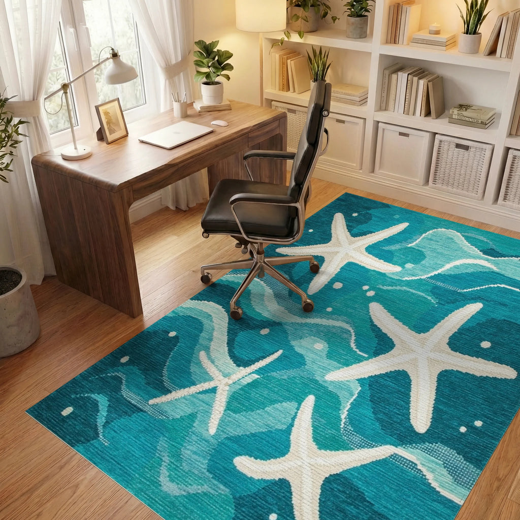 Blue White Starfish Ocean Wave Rug - Office View