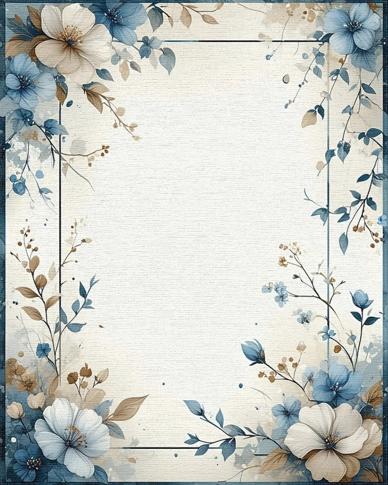 Blue White Watercolor Floral Border Rug - Cutout View
