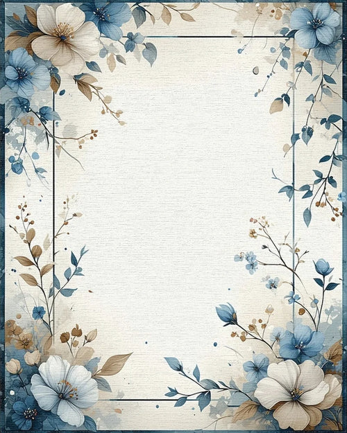 Blue White Watercolor Floral Border Rug - Cutout View