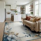 Blue White Watercolor Floral Border Rug - Living Room View