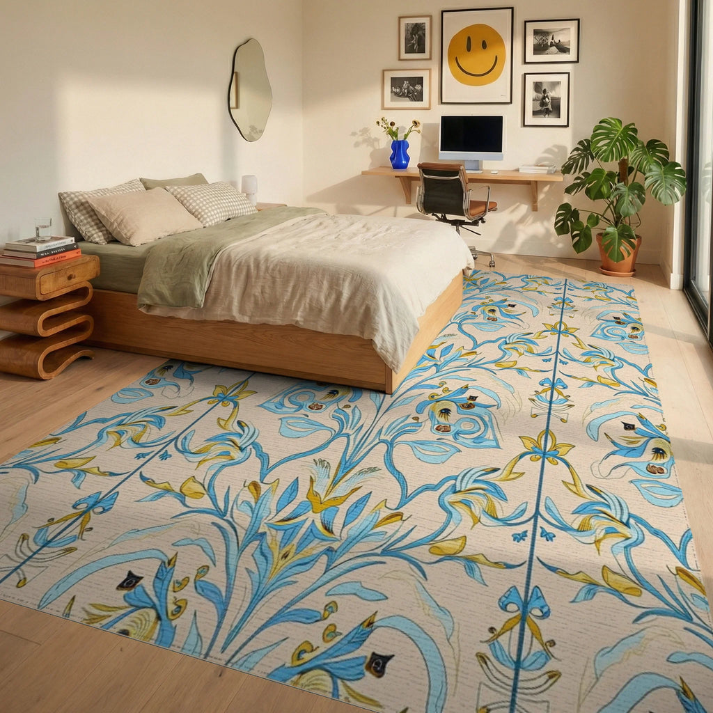 Blue Yellow Floral Damask Pattern Rug - Bedroom View