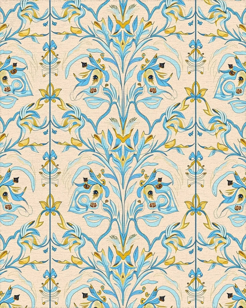 Blue Yellow Floral Damask Pattern Rug - Cutout View