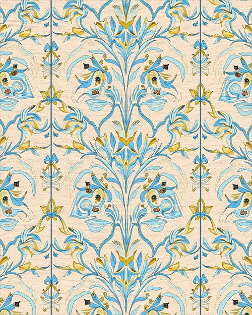 Blue Yellow Floral Damask Pattern Rug - Cutout View
