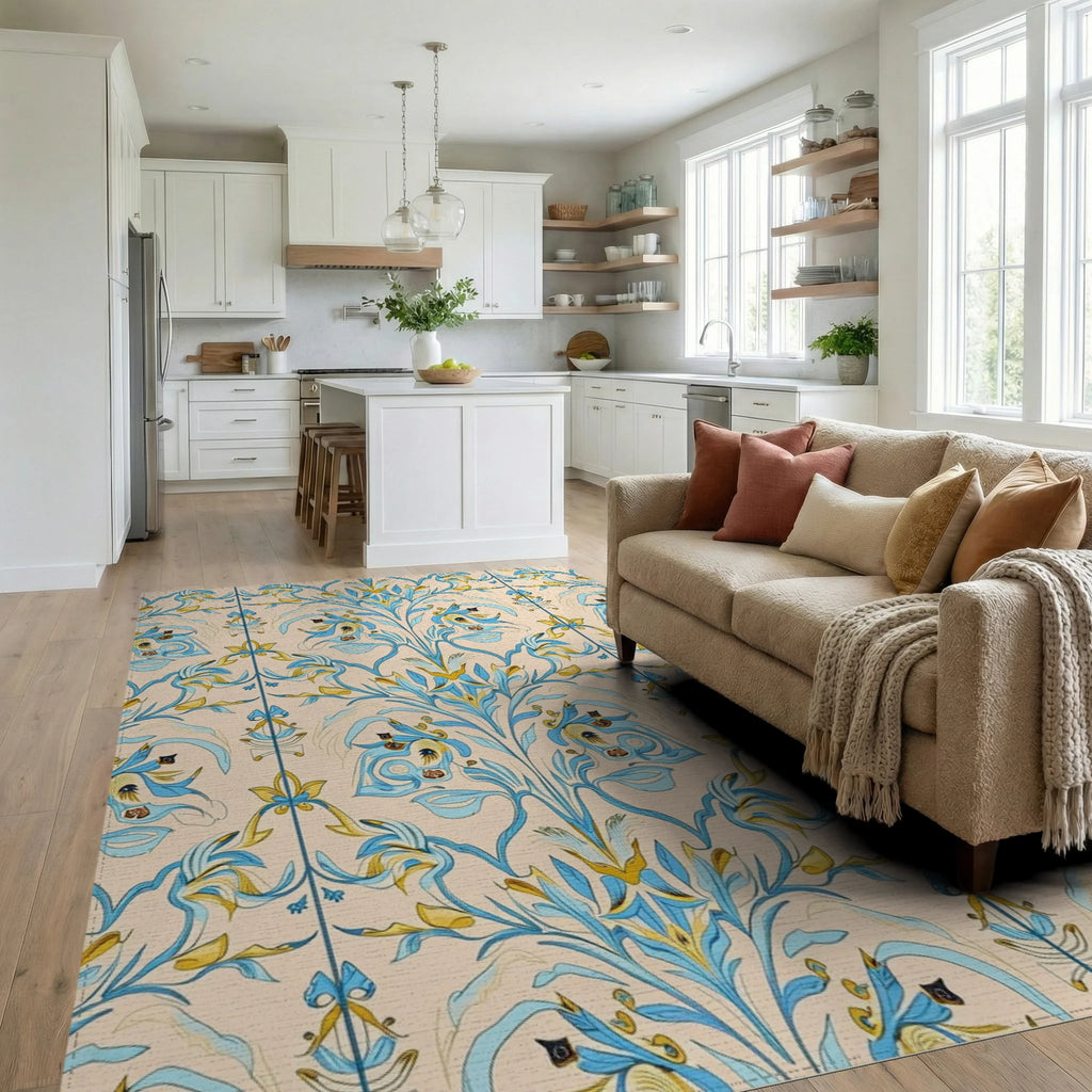 Blue Yellow Floral Damask Pattern Rug - Living Room View