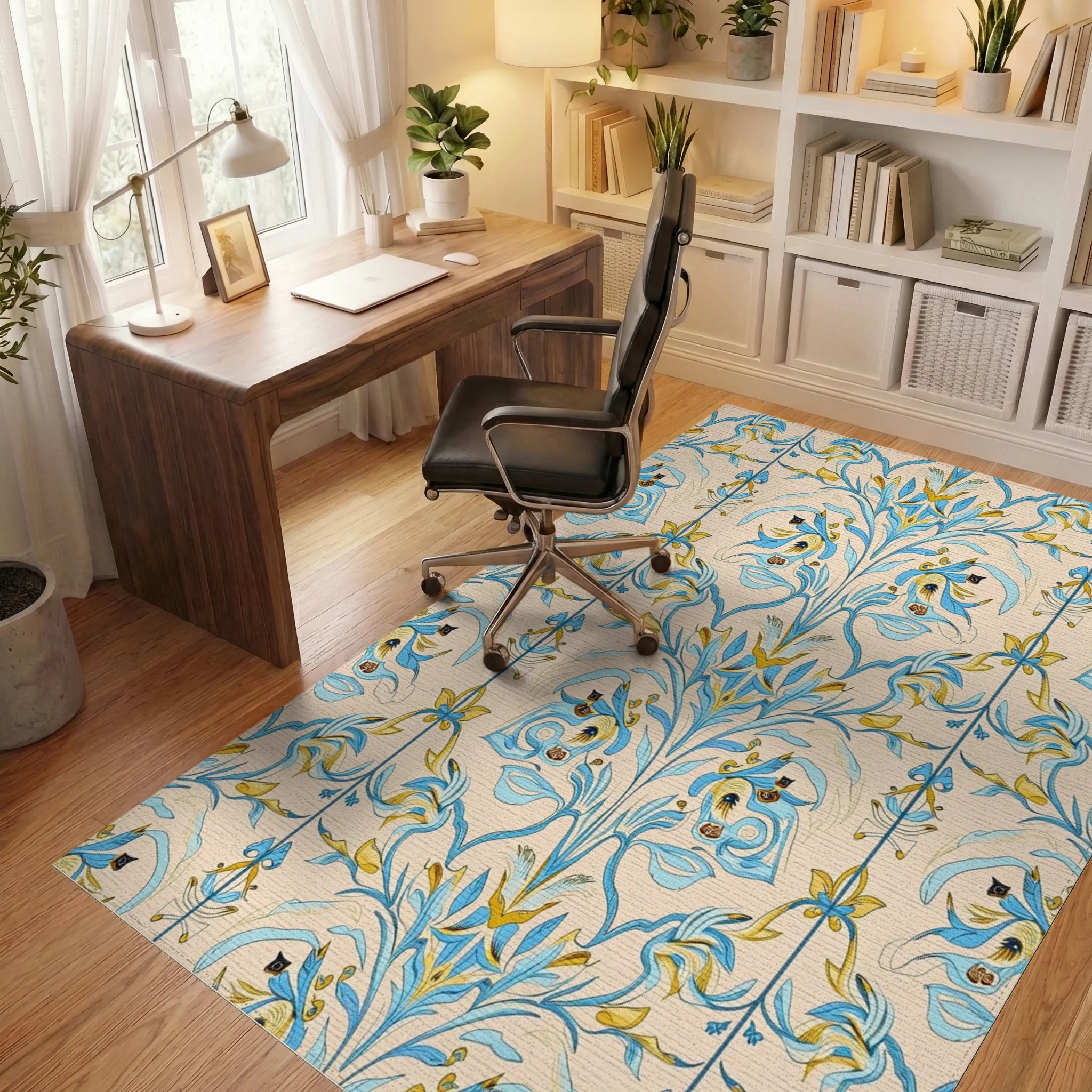 Blue Yellow Floral Damask Pattern Rug - Office View