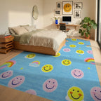 Blue Yellow Pink Smiley Rainbow Clouds Rug - Bedroom View