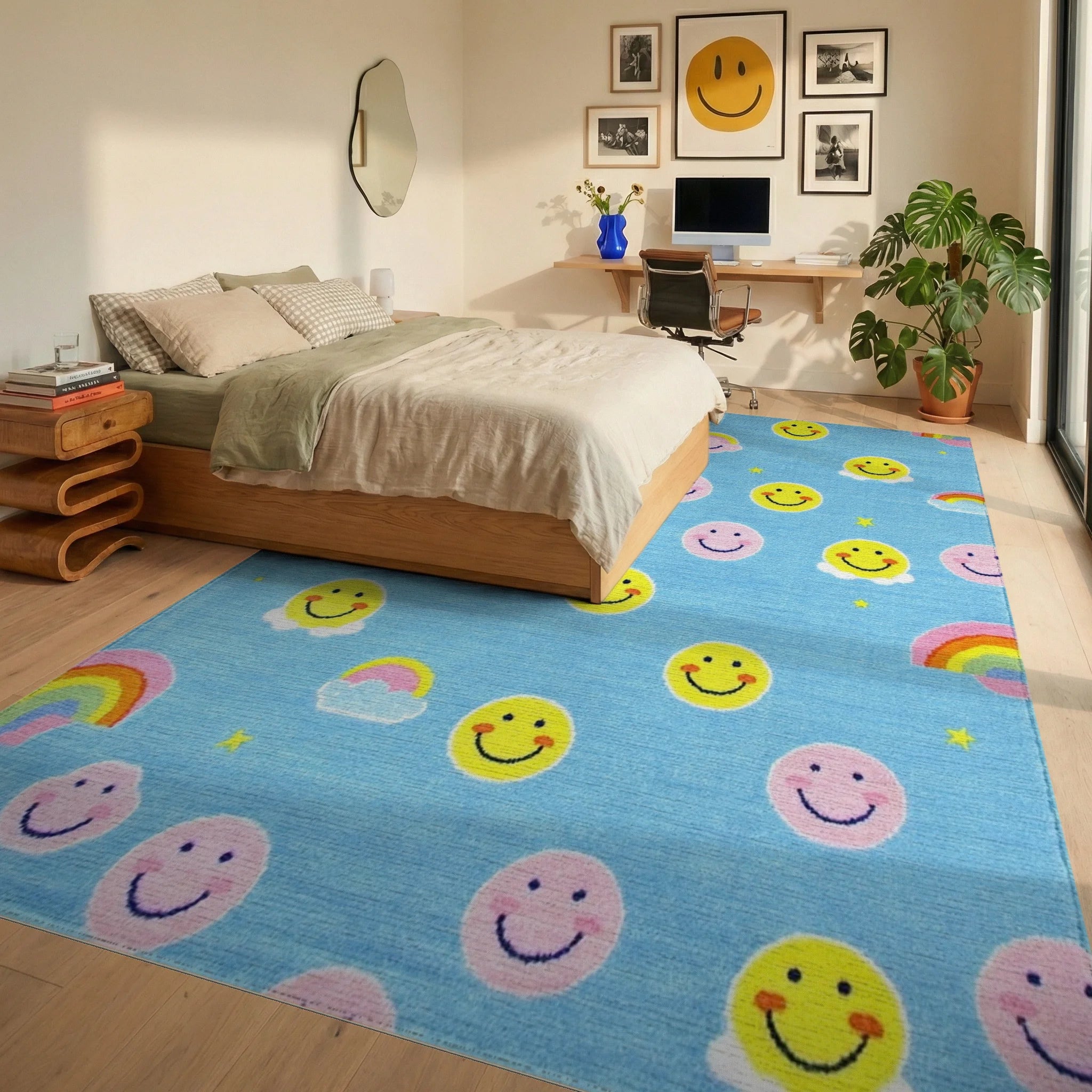 Blue Yellow Pink Smiley Rainbow Clouds Rug - Bedroom View