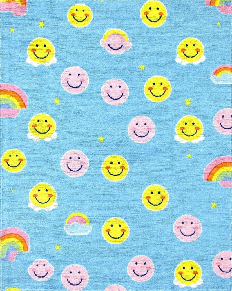 Blue Yellow Pink Smiley Rainbow Clouds Rug - Cutout View