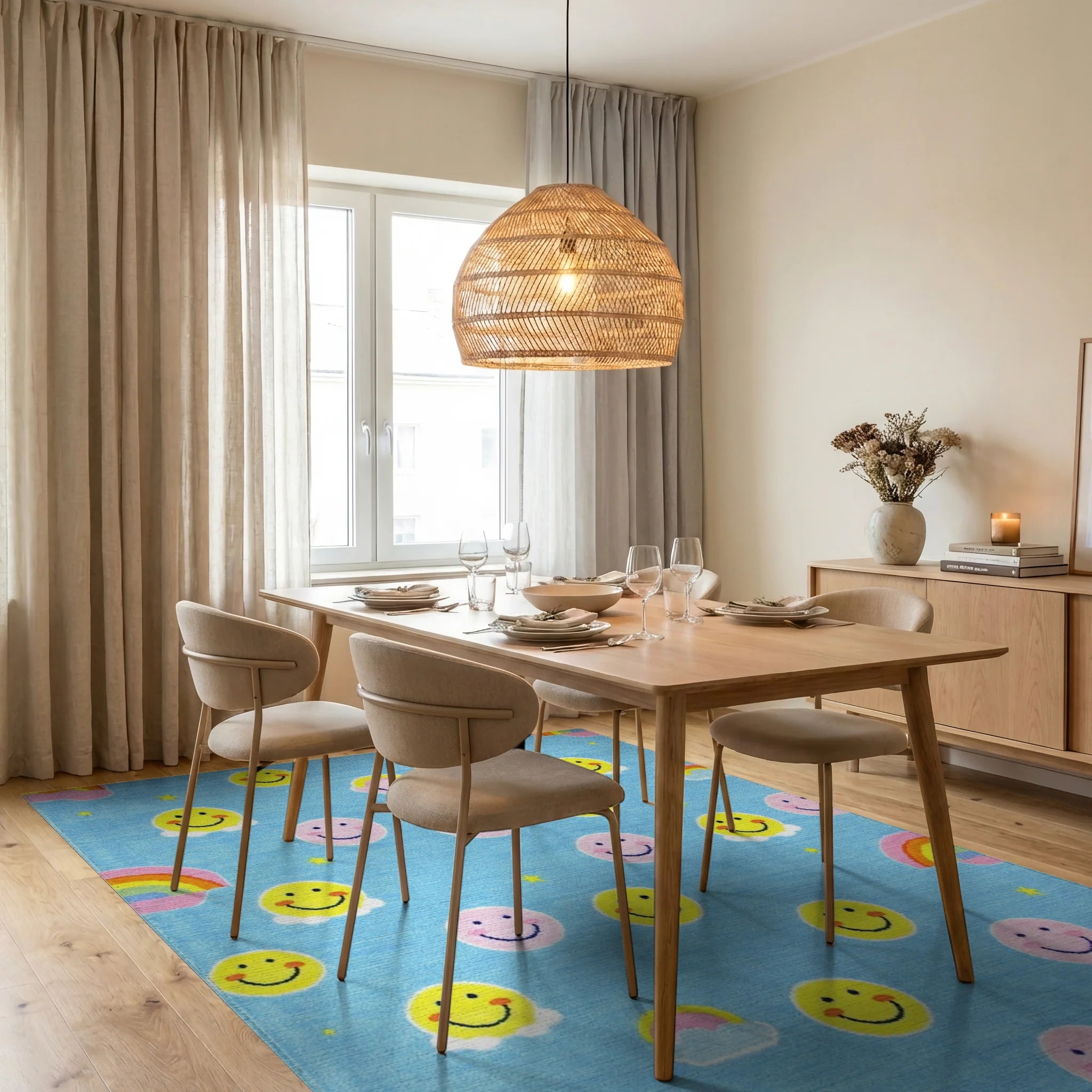 Blue Yellow Pink Smiley Rainbow Clouds Rug - Dining Room View