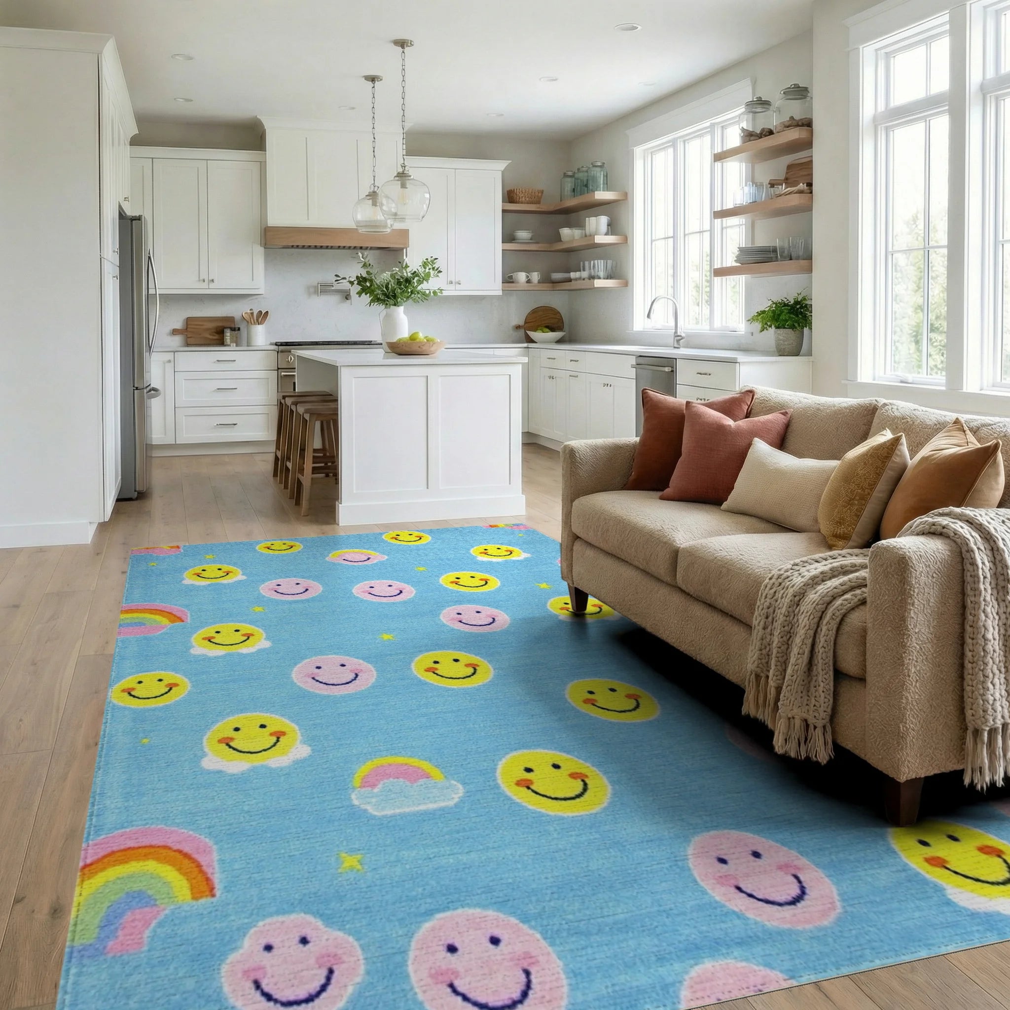 Blue Yellow Pink Smiley Rainbow Clouds Rug - Living Room View