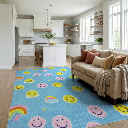 Blue Yellow Pink Smiley Rainbow Clouds Rug - Living Room View