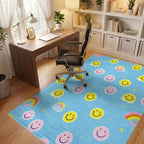 Blue Yellow Pink Smiley Rainbow Clouds Rug - Office View