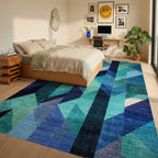 Blues Geometric Shattered Glass Rug - Bedroom View