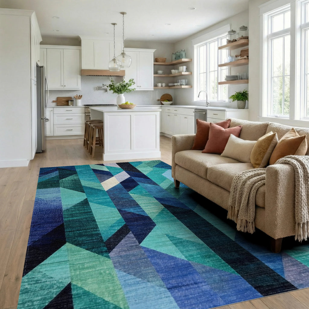 Blues Geometric Shattered Glass Rug - Living Room View