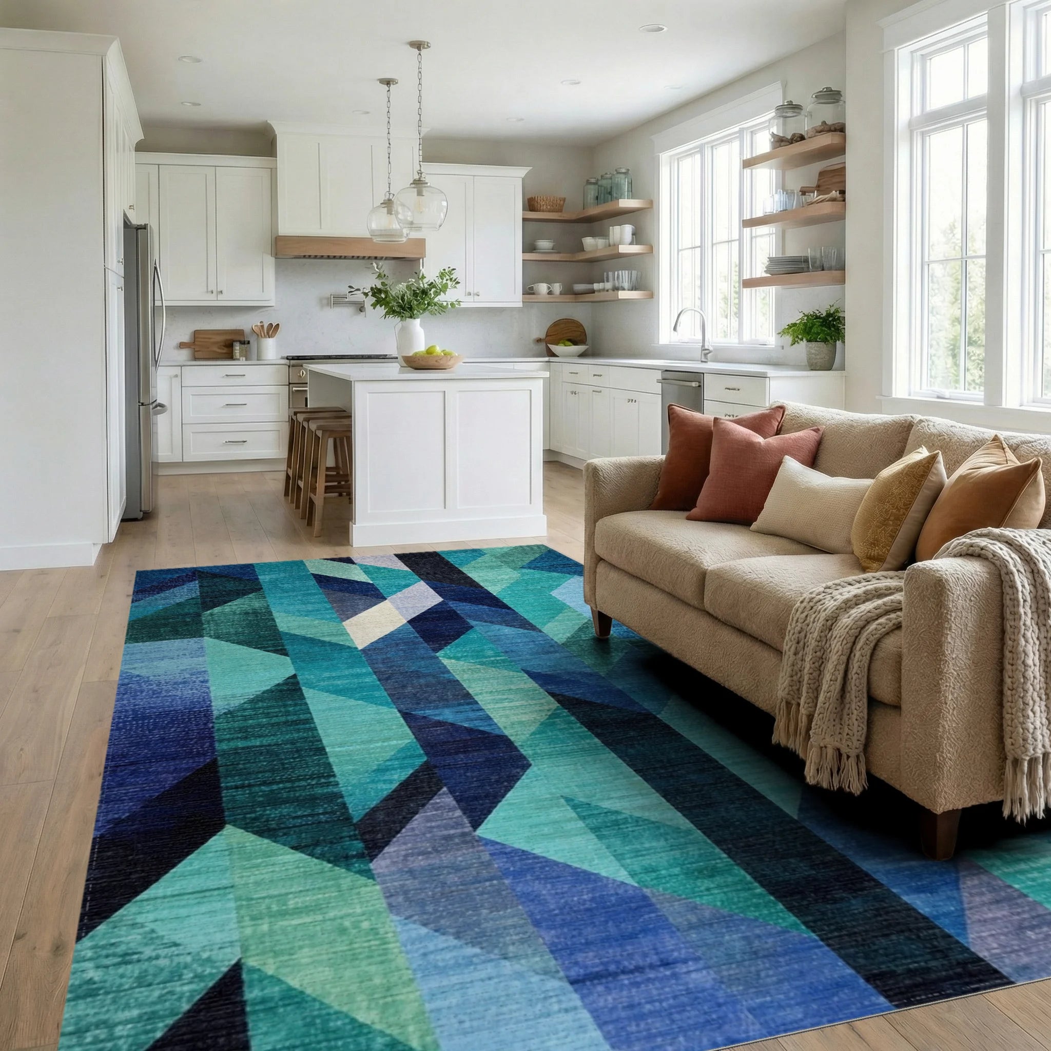 Blues Geometric Shattered Glass Rug - Living Room View