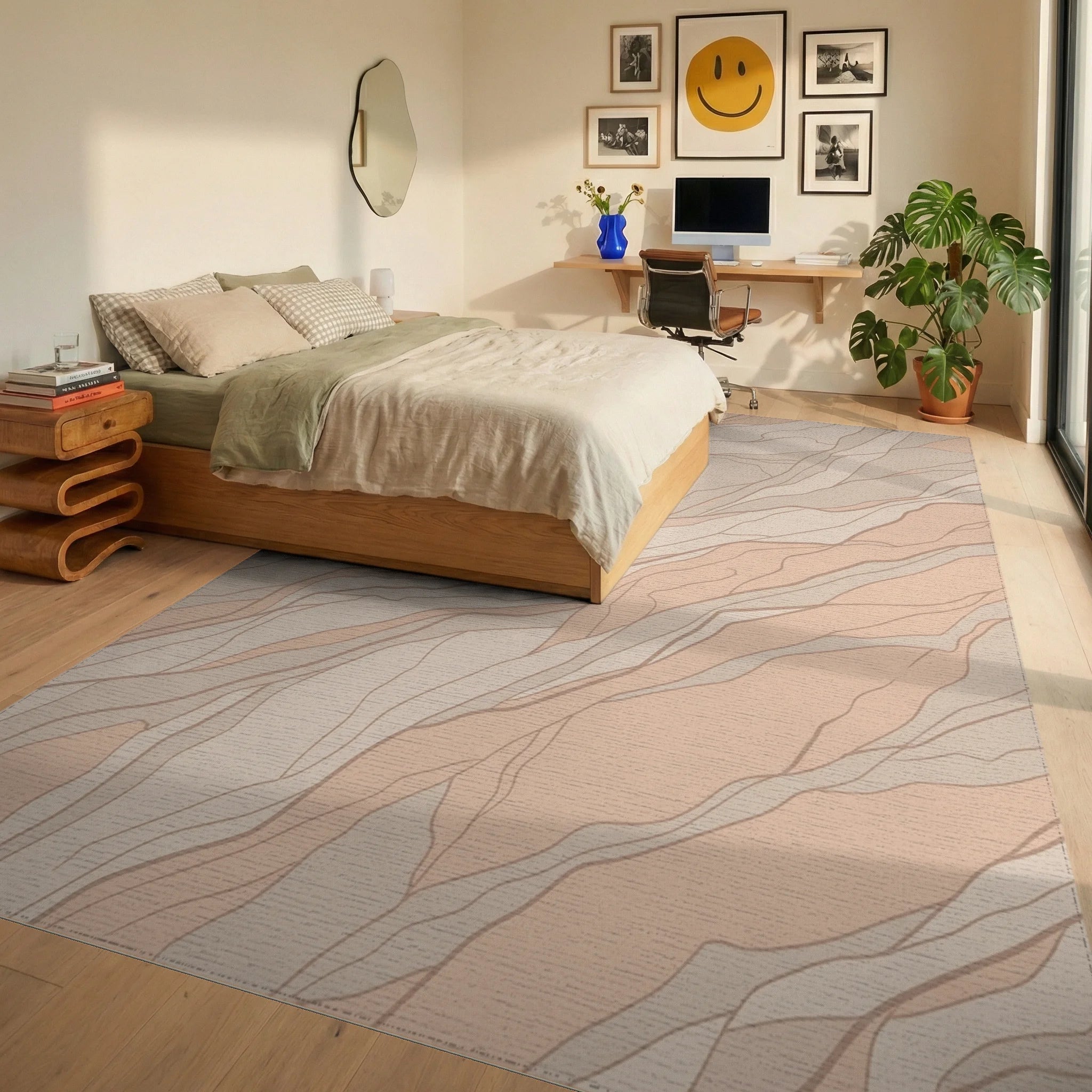 Blush Beige Intertwined Organic Forms Rug Bedroom View