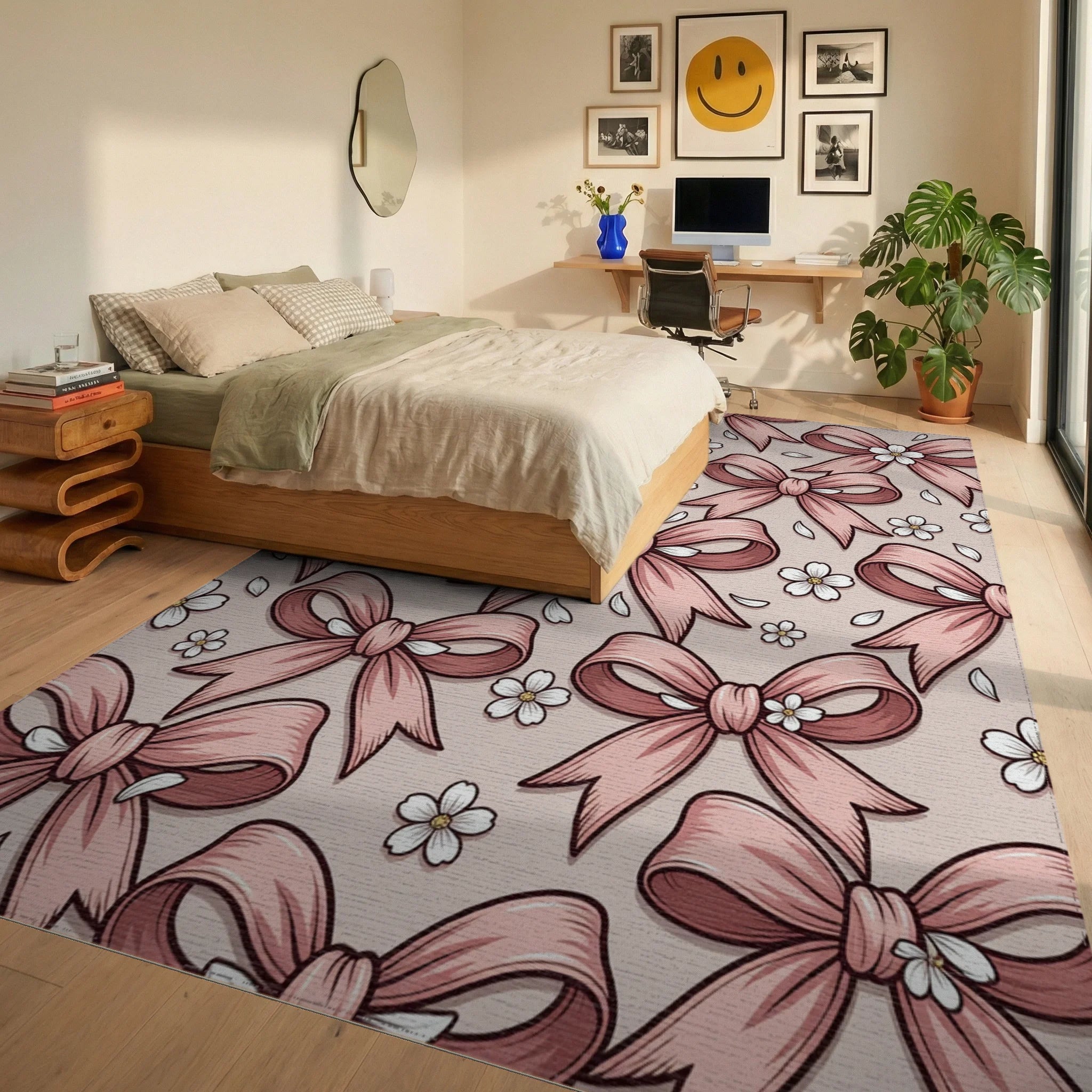 Blush Pink Bow and Floral Blossom Rug Bedroom View