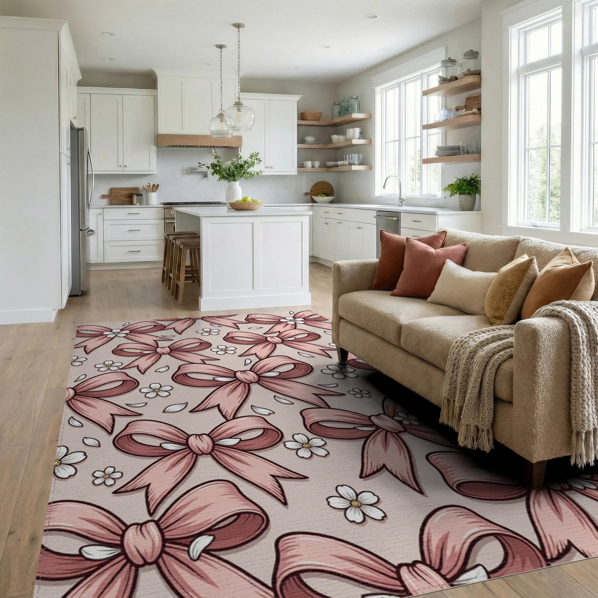 Blush Pink Bow and Floral Blossom Rug Living Room View
