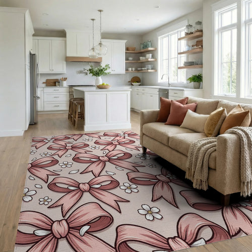 Blush Pink Bow and Floral Blossom Rug Living Room View