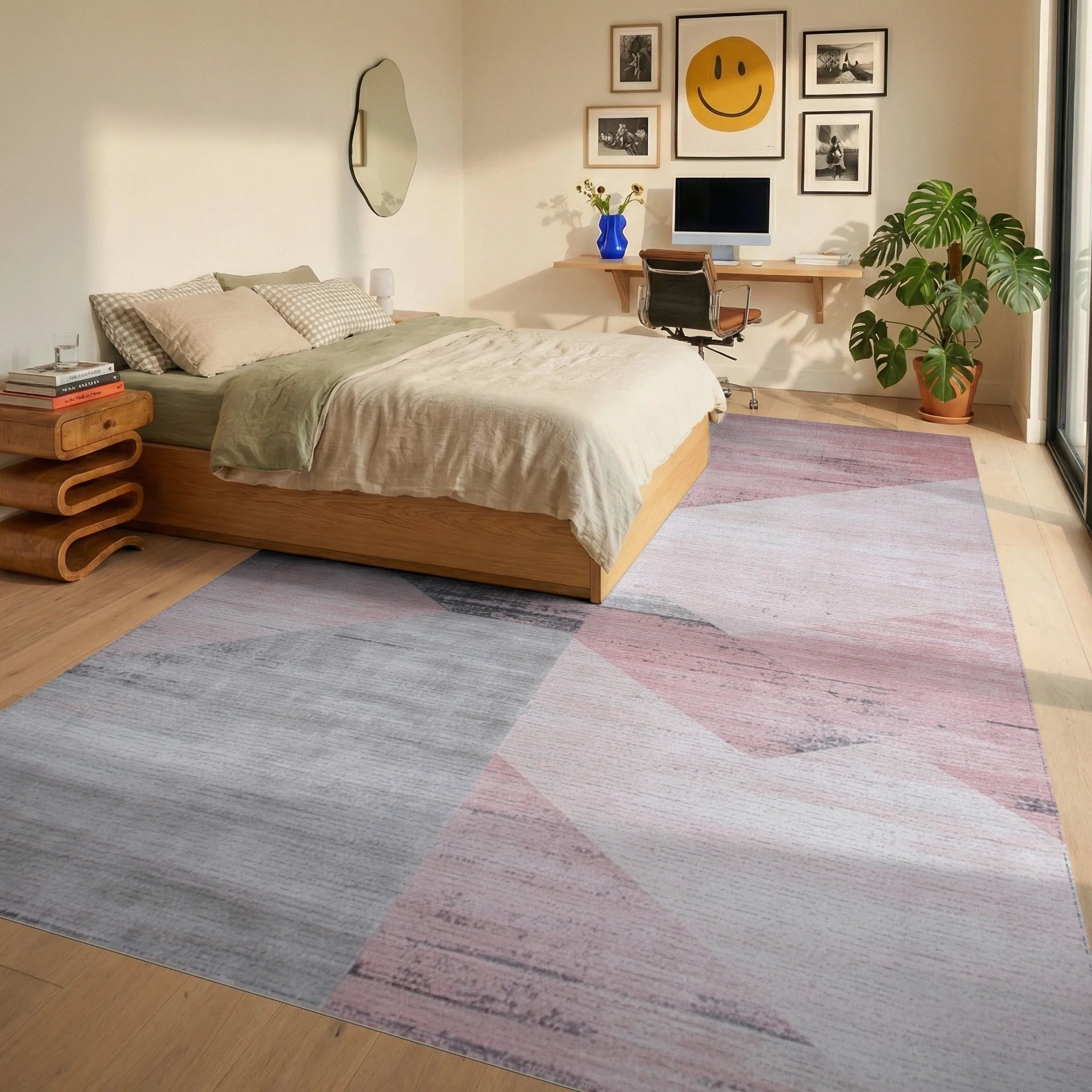 Blush Pink Geometric Abstract Rug - Bedroom View