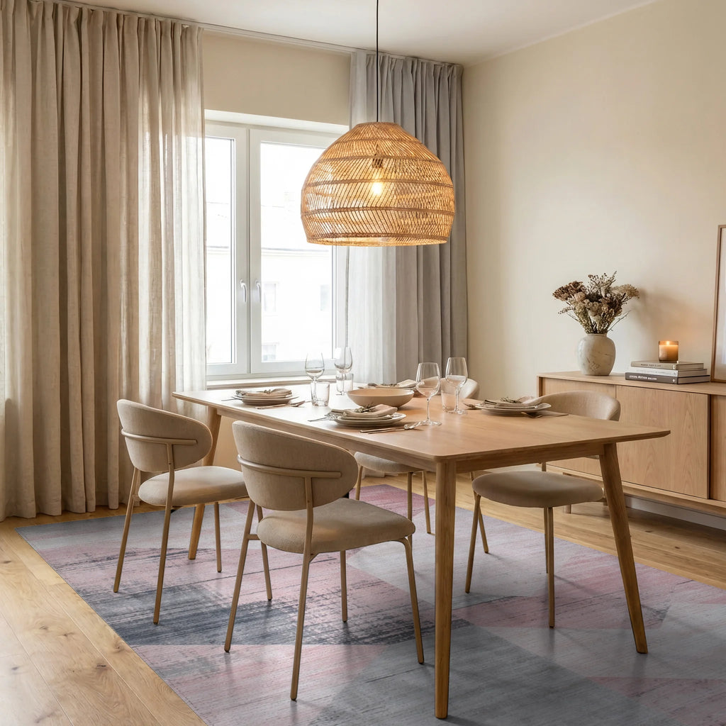 Blush Pink Geometric Abstract Rug - Dining Room View