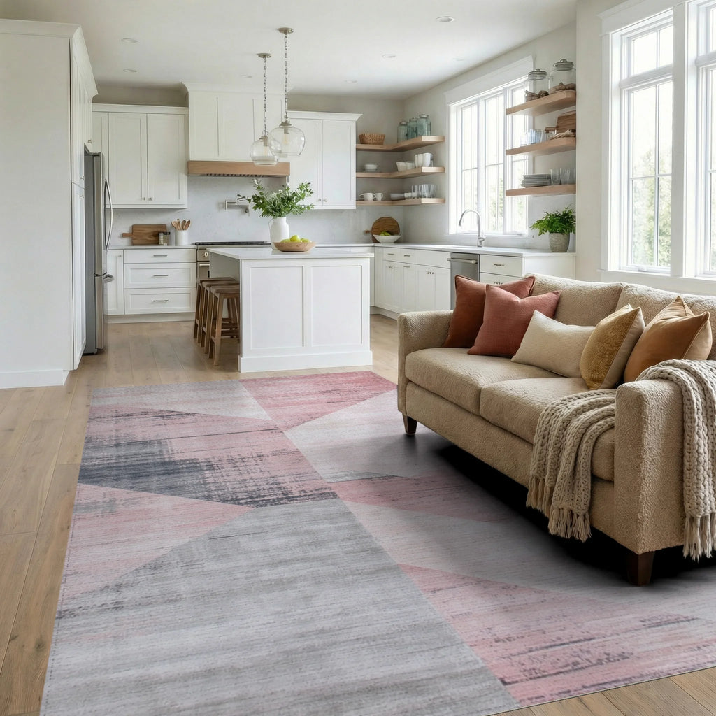 Blush Pink Geometric Abstract Rug - Living Room View