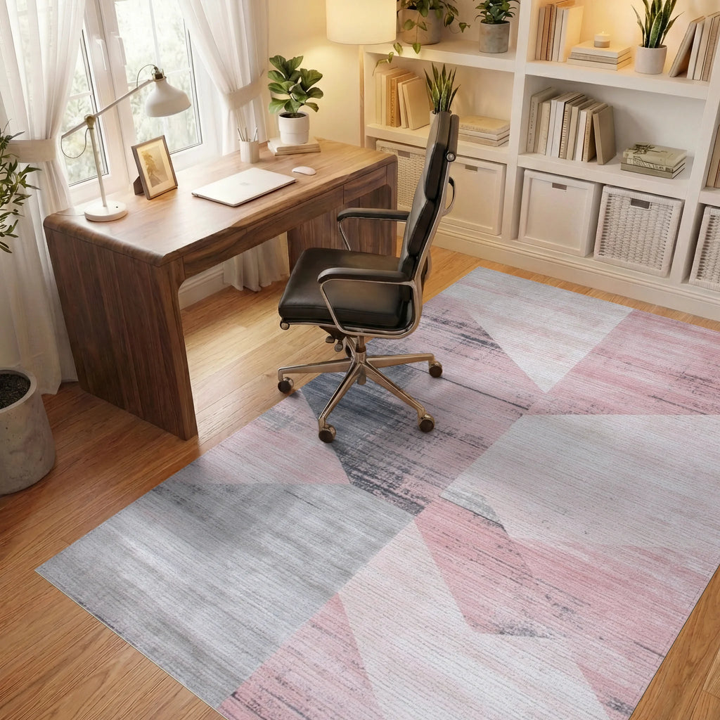 Blush Pink Geometric Abstract Rug - Office View