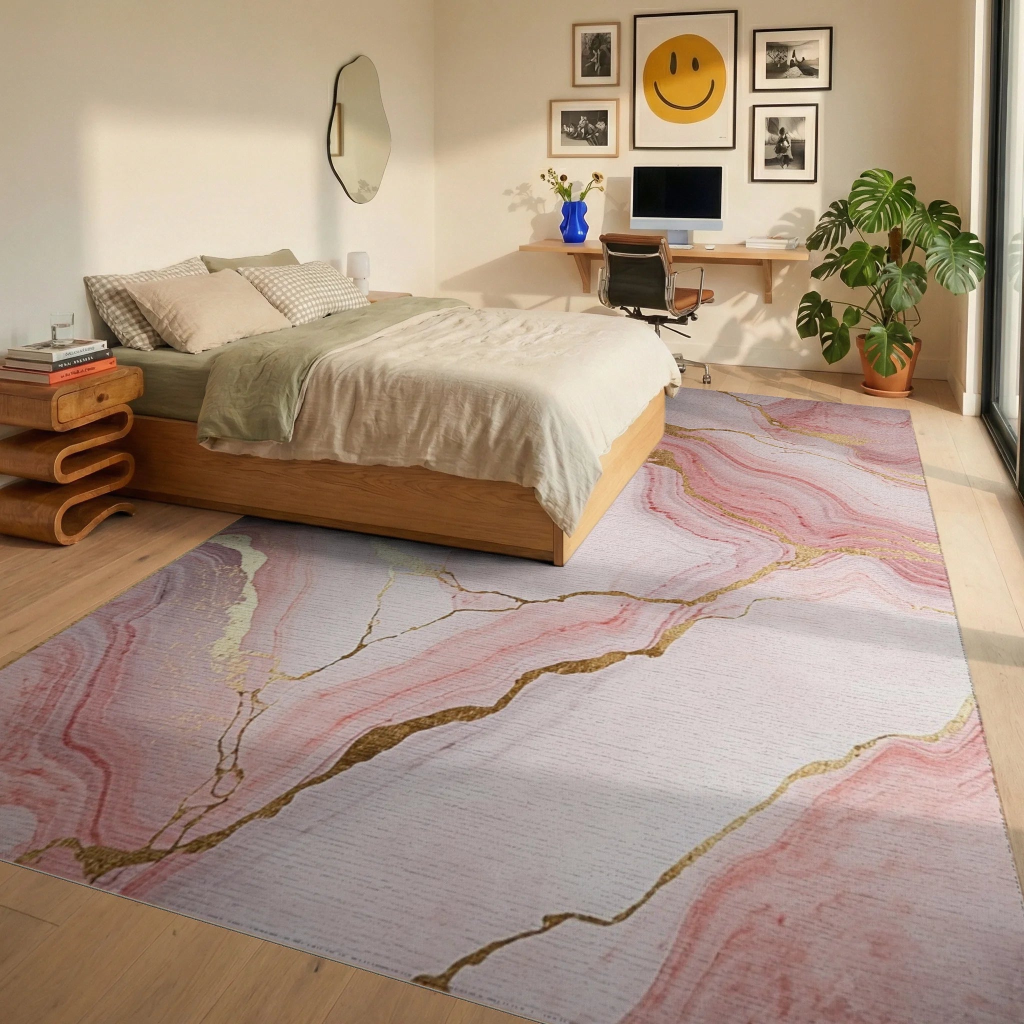 Blush Pink Gold Vein Marble Rug - Bedroom View