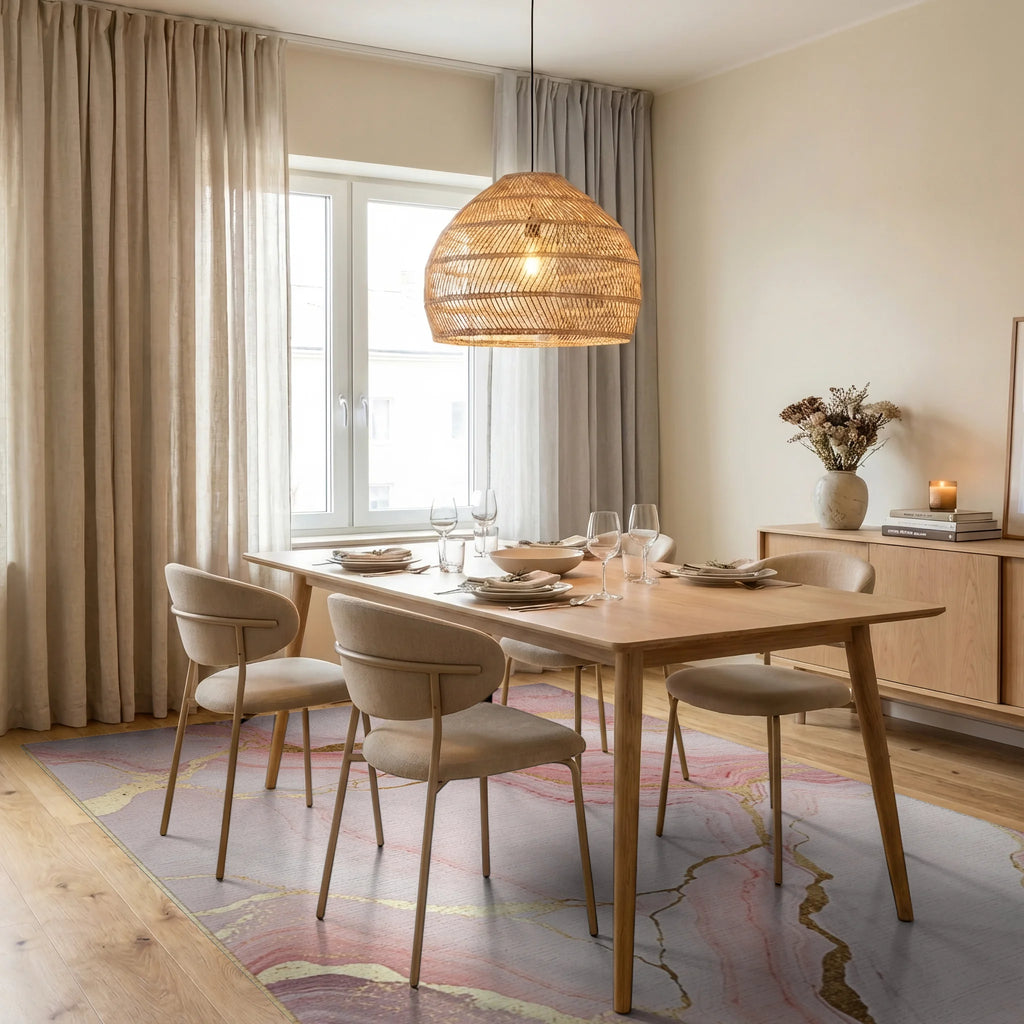 Blush Pink Gold Vein Marble Rug - Dining Room View