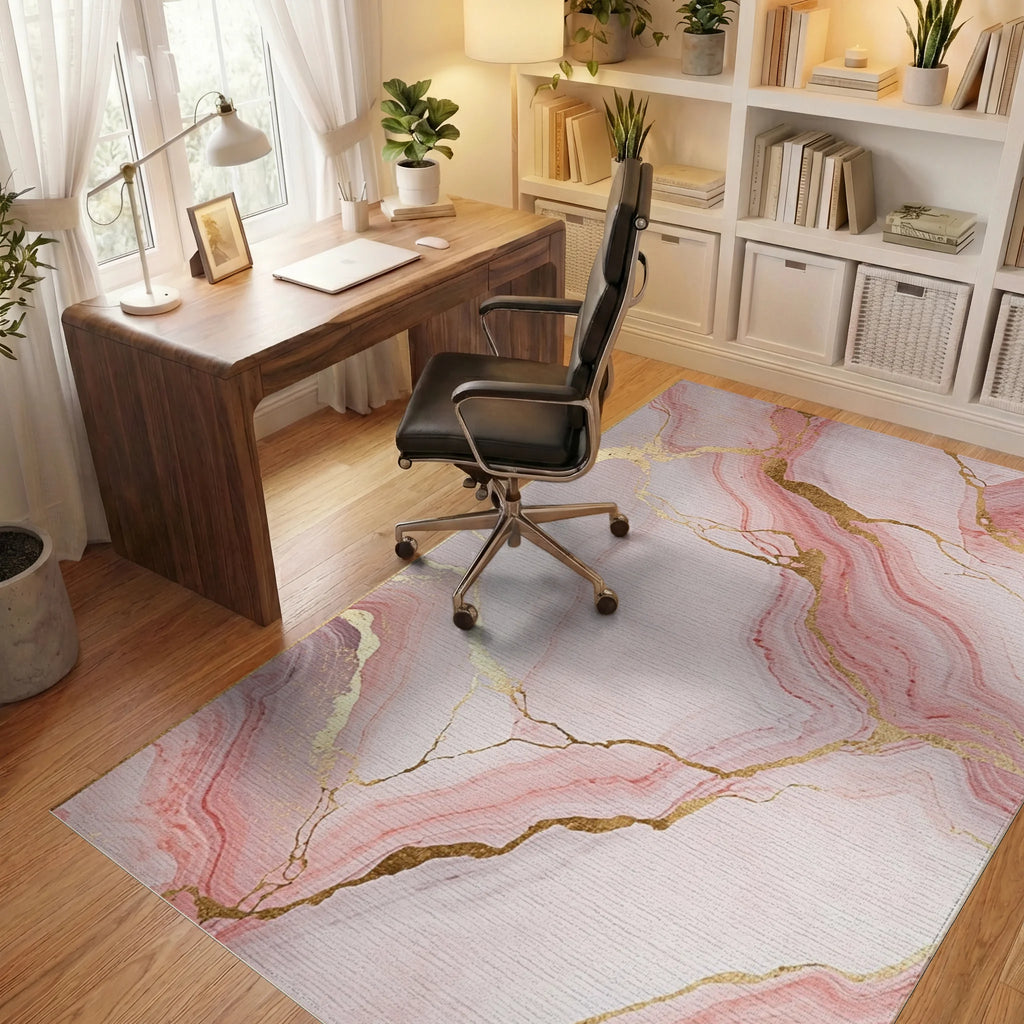 Blush Pink Gold Vein Marble Rug - Office View