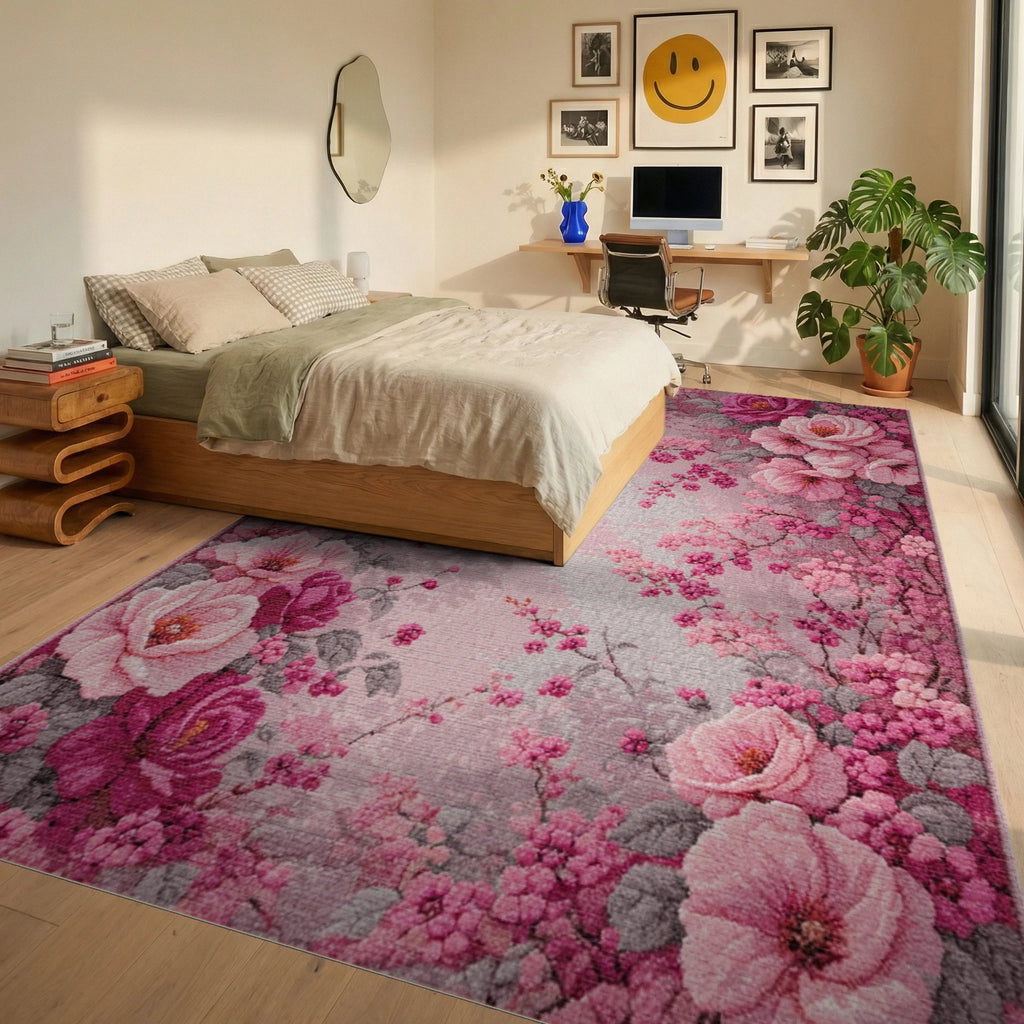 Blushing Pink Floral Blossom Canopy Rug - Bedroom View
