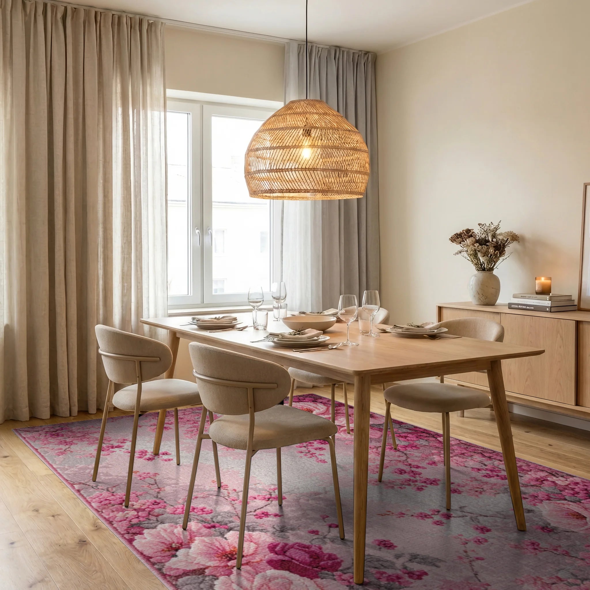 Blushing Pink Floral Blossom Canopy Rug - Dining Room View