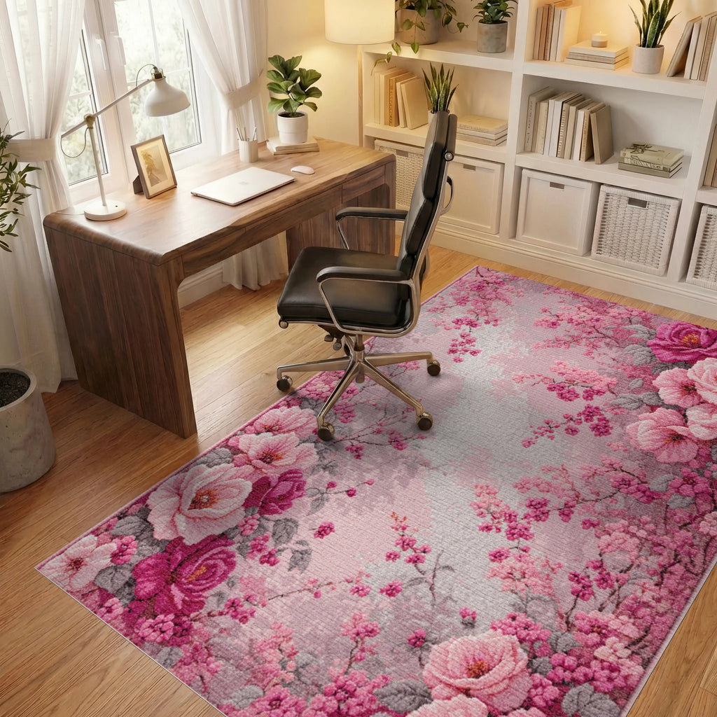 Blushing Pink Floral Blossom Canopy Rug - Office View