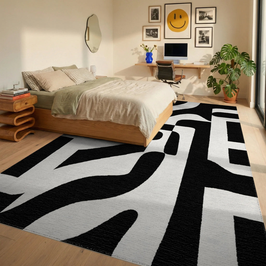 Bold Black Abstract Organic Forms Rug - Bedroom View