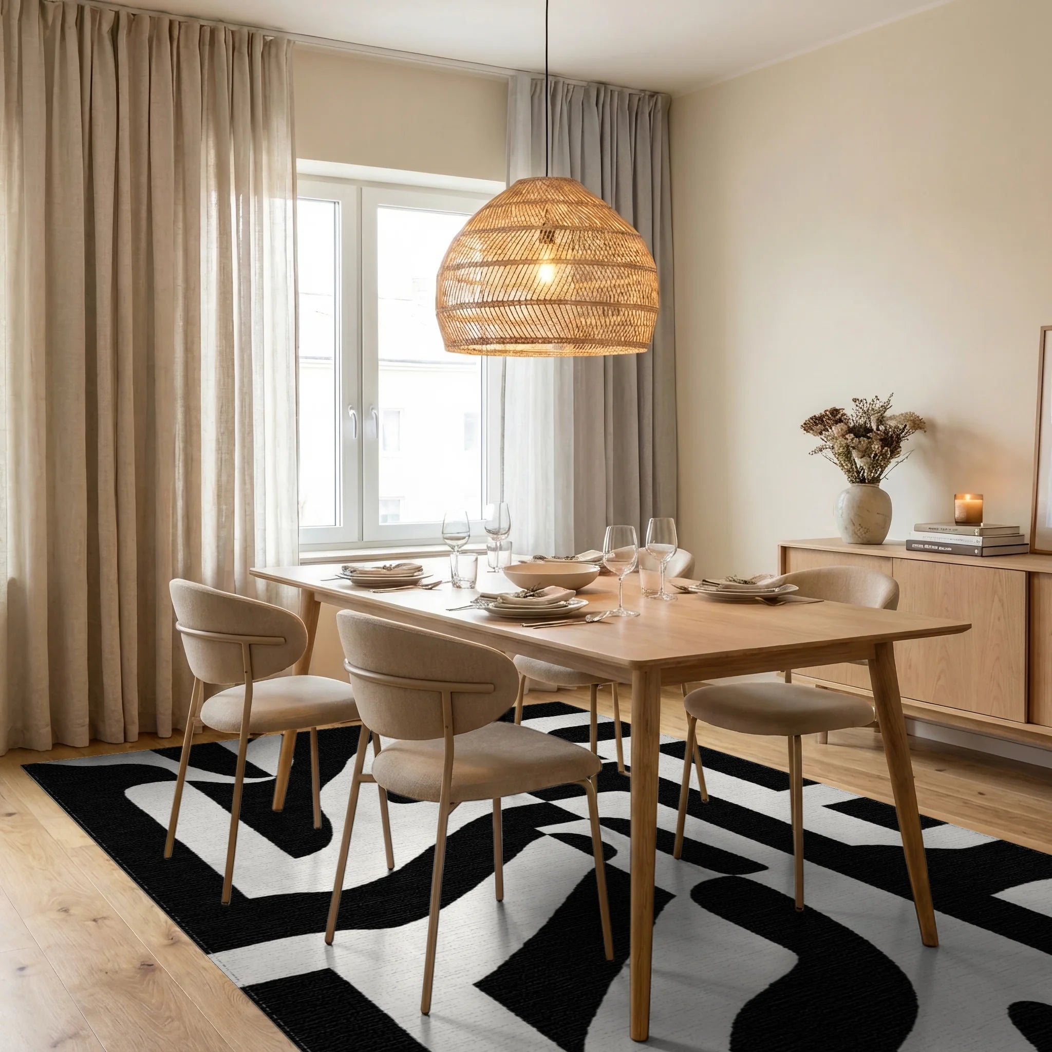 Bold Black Abstract Organic Forms Rug - Dining Room View