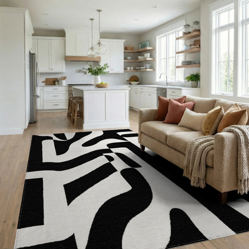 Bold Black Abstract Organic Forms Rug - Living Room View