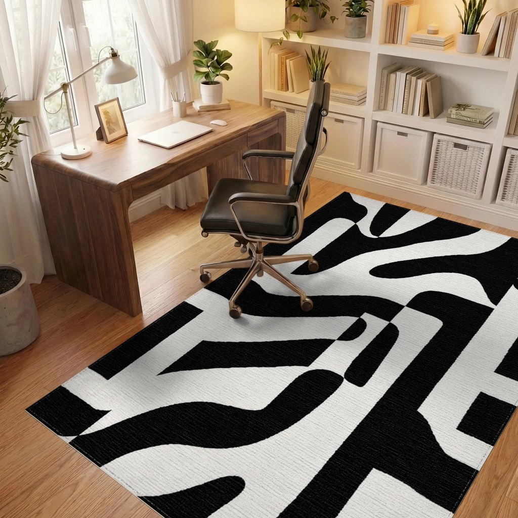 Bold Black Abstract Organic Forms Rug - Office View