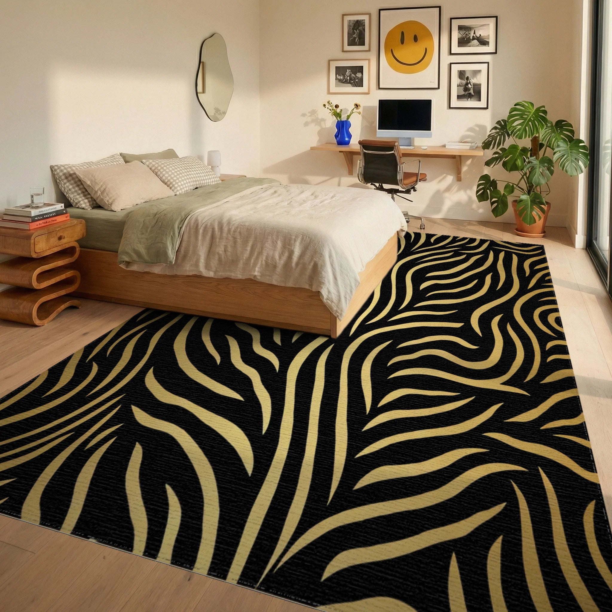 Bold Black Golden Zebra Stripes Rug - Bedroom View